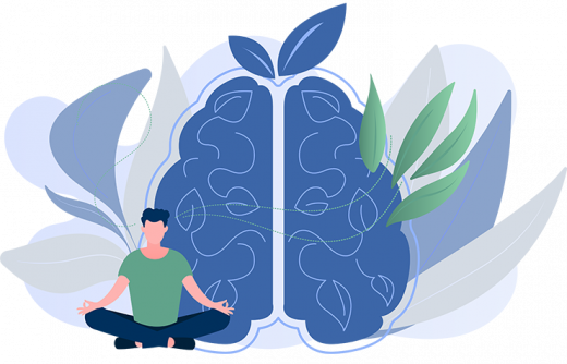 Grafik: Mann im Lotussitz sitzt vor übergroßem symbolischen Gehirn im Lotussitz und meditiert bzw. macht Achtsamkeitsübungen, drumherum Blätter