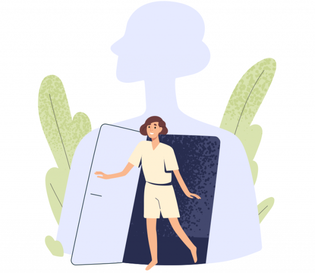 Grafik: Person tritt aus ihrem alten Selbst heraus