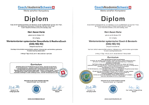 Bild von 2 Diplomen nebeneinander, systemischer Gesundheits- und Resilienz-Coach sowie Wertorientierter systemischer Coach und Berater Achtsamkeit